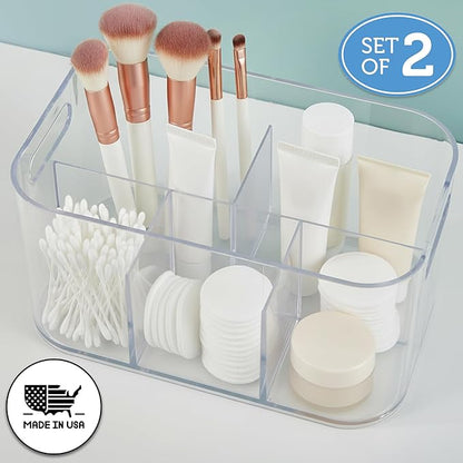STORi Bliss 5-Compartment Plastic Cosmetics Storage Organizer, Set of 2 | Clear | Rectangular Divided Makeup Bin & Vanity Caddy with Pass-Through Handles | Round Corner Design | Made in USA
