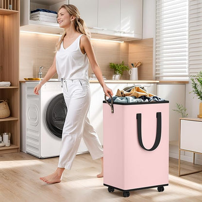 SpaceTrove Laundry Basket with Wheels, Collapsible Laundry Baskets, Laundry Hamper with Handles Detachable Wheels, Rolling Laundry Basket, Dirty Clothes Hamper for Bathroom, Dorm, Bedroom, Pink, 80L