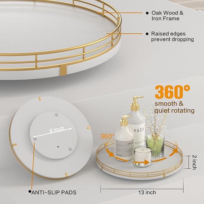 13“ Wooden Lazy Susan Turntable for Cabinet – Round Rotating Spice Rack Organizer, White Kitchen Countertop Tray for Dining Table & Pantry Storage (White & Gold)