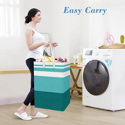 BlissTotes 3-Pack Laundry Basket, Freestanding＆Waterproof Laundry Hamper, Collapsible Tall Clothes Hamper with Easy Carry Handles for Clothes, Towels in the Family and Dorm,Gradient Green,100L
