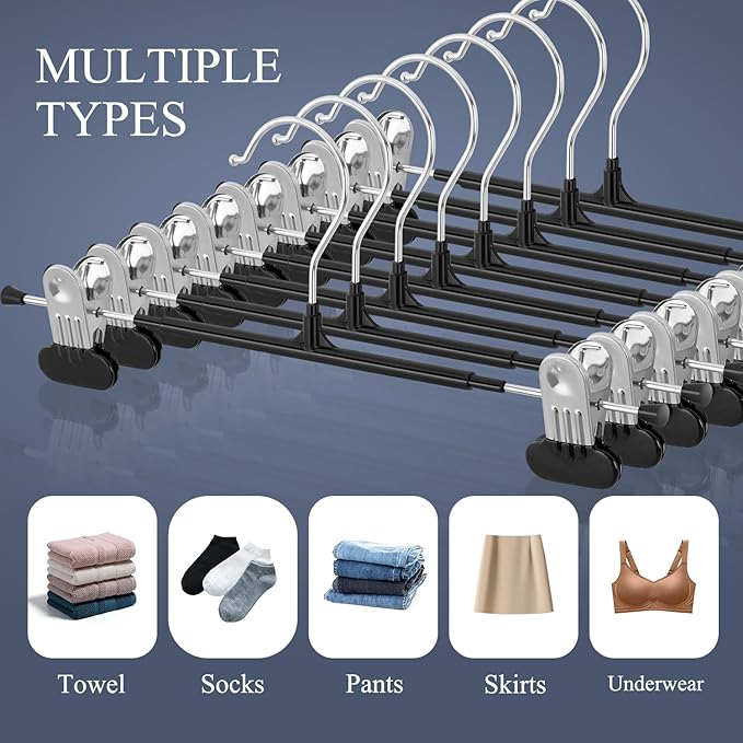 Clothes Pants Hangers with Wide Clips 50 Pack,Non-Slip Adjustable Skirt Hanger for Women,Space-Saving Heavy Duty Men Hangers for Pants,Trousers,Jeans,Shorts 12Inch Black