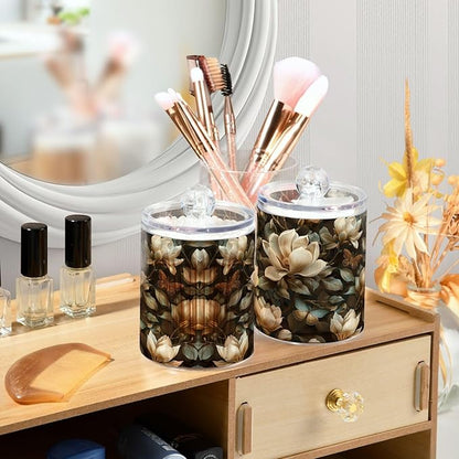 4 Pack Magnolia Flowers Apothecary Jars with Lid, Qtip Holder Storage Containers for Cotton Ball, Swabs, Pads, Clear Plastic Canisters for Bathroom Vanity Organization (10 Oz)