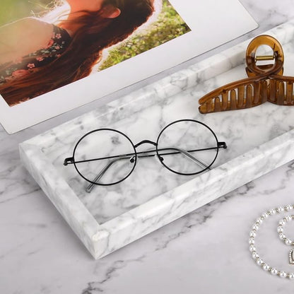 Marble Bathroom Vanity Tray, Natural Luxury Vanity Home Kitchen Bathroom Table Tray, Stone Decorative Countertop Dresser Trays for Key Coffee Perfume Jewelry Makeup (Carrara White, 12"x 5" x1.2")