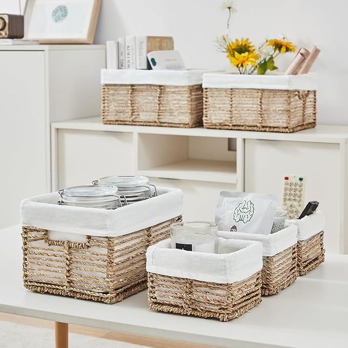Vagusicc Wicker Storage Basket, 6 Pack Seagrass Baskets for Organizing, Wicker Baskets with Handle, Rectangular Woven Basket for Storage Shelves, Cube Storage Bins for Closet/Clothes/Dresser