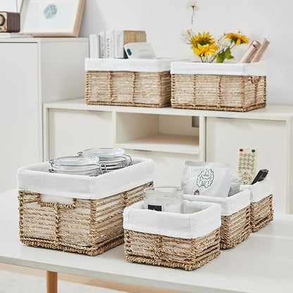 Vagusicc Wicker Storage Basket, 6 Pack Seagrass Baskets for Organizing, Wicker Baskets with Handle, Rectangular Woven Basket for Storage Shelves, Cube Storage Bins for Closet/Clothes/Dresser
