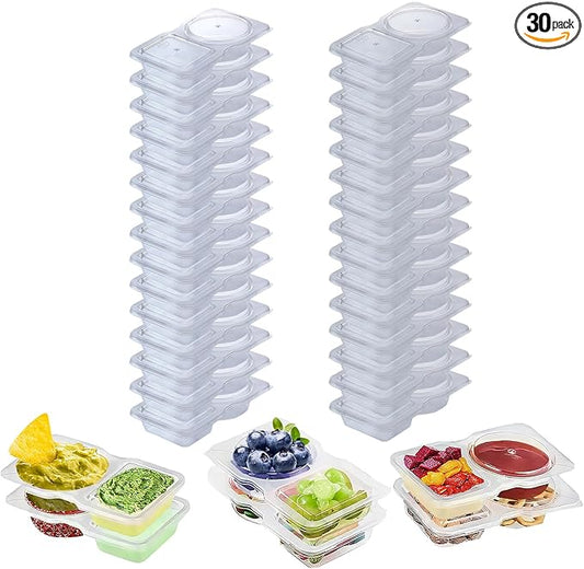 Qewro 30 Sets Double Compartment Condiment Container With Lids, Reusable Snack Container for Sauces and Snacks, Disposable Snack Containers, Ideal for On-the-Go Meals and Parties (30Pack)
