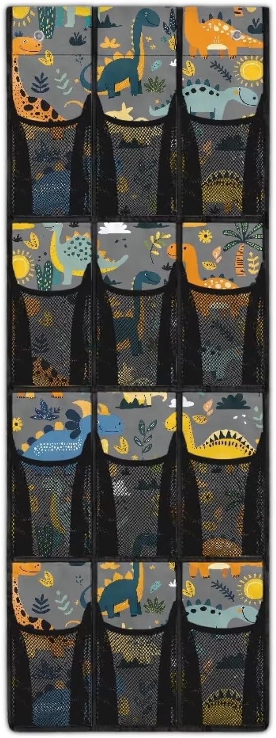 Multi-Pocket Over the Door Organizer, 12 Mesh Pockets Storage Hanging Bag Behind the Door for Shoes Toys and Cleaning Supplies, Fabric Door Organizer for Bedroom Bath, Dinosaur Print