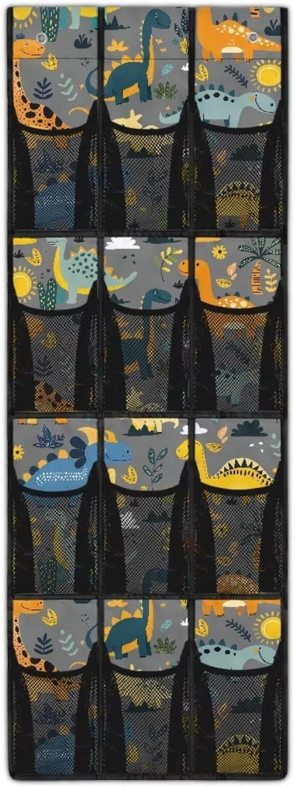 Multi-Pocket Over the Door Organizer, 12 Mesh Pockets Storage Hanging Bag Behind the Door for Shoes Toys and Cleaning Supplies, Fabric Door Organizer for Bedroom Bath, Dinosaur Print