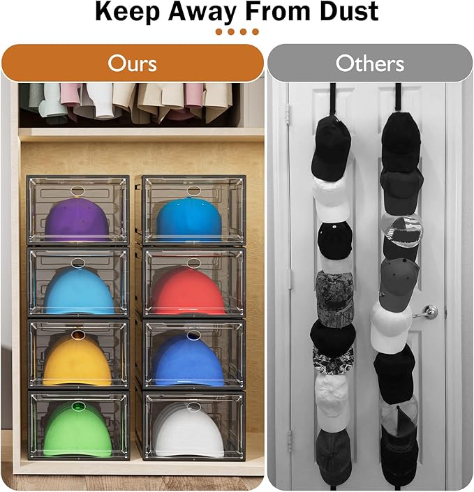 YKLSLH Hat Organizer Box, 6 Boxes for 40 Pack Hats, Upgrade Harder Solid Plastic Hat Organizer for Baseball Caps, Clear Hat Storage with Magnetic Door, Hat Rack Holder Case, White