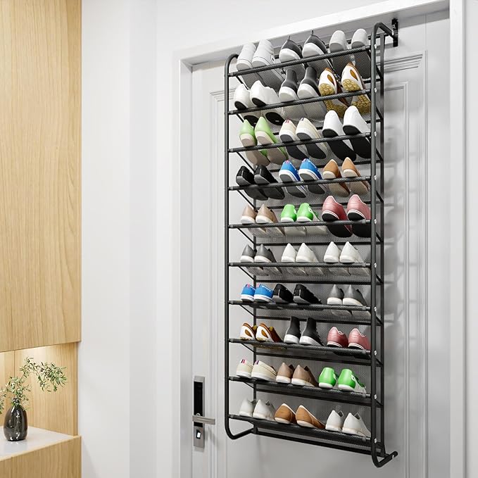 AQQHSAIN 10 Tier Over The Door Shoe Organizer Wall Shoe Shelf Shoe Holder Door Shoe Rack for Closet Pantry Hanging Shoes Clothes Toys Storage Shelves (Black)