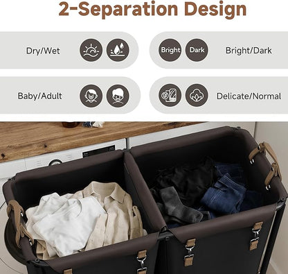 StorageWorks 330L Extra Large Laundry Hamper with Wheels, Laundry Basket with Wheels 2 Sections, Clothes Sorter Cart with Divider for Hotel, Home, Black, 1-Pack