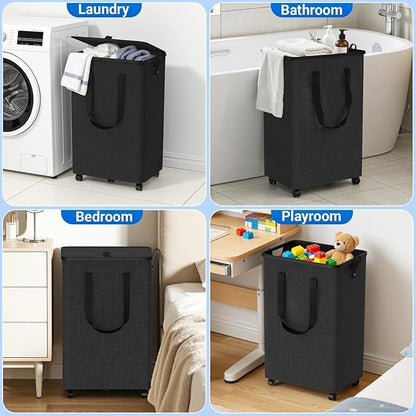 Laundry Basket with 5 Wheels, Tall Dirty Laundry Hamper, Rolling Laundry Basket with Lid, Collapsible Clothes Hamper for Bathroom Bedroom Dorm Laundry Room, Dark Gray, 75L