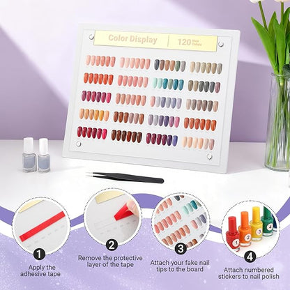 Segbeauty 120 Colors Nail Art Display Board with Accessories, Acrylic Rack Colors Showing Shelf for Nail Sample Display Practice, Nails Stand with False Tips Double Sided Tape Tweezers Number Stickers