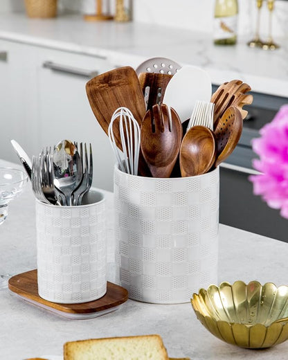Nucookery Utensil Holder, Extra Large Ceramic Utensil Crock for Kitchen Counter, Stable Spatula & Flatware Organizer, Farmhouse Embossed Kitchen Decor, Set of 2 (Checkered)