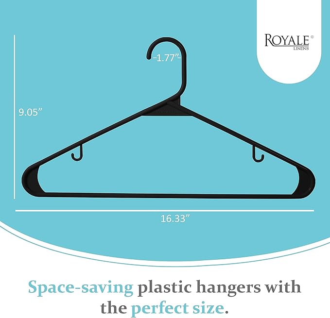 Royale Linens Plastic Hangers 40 Pack - Black Clothes Hanger with Hooks – Heavy Duty Space Saving Coat Hangers Ideal for Everyday Use for Tops, Skirt, Dress, Shirts, Pants