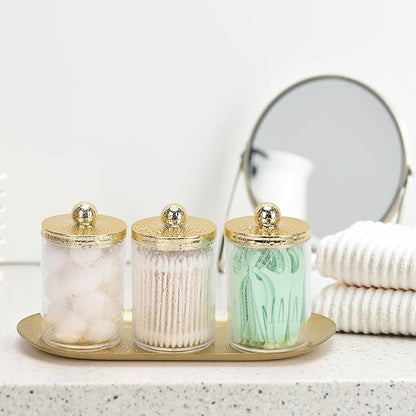 Tbestmax 3 Pack Qtips Holder with Gold Tray, 10oz Cotton Swab Ball Holder for Bathroom Essentials Accessories Decor Clear Plastic Canister Apothecary Jars