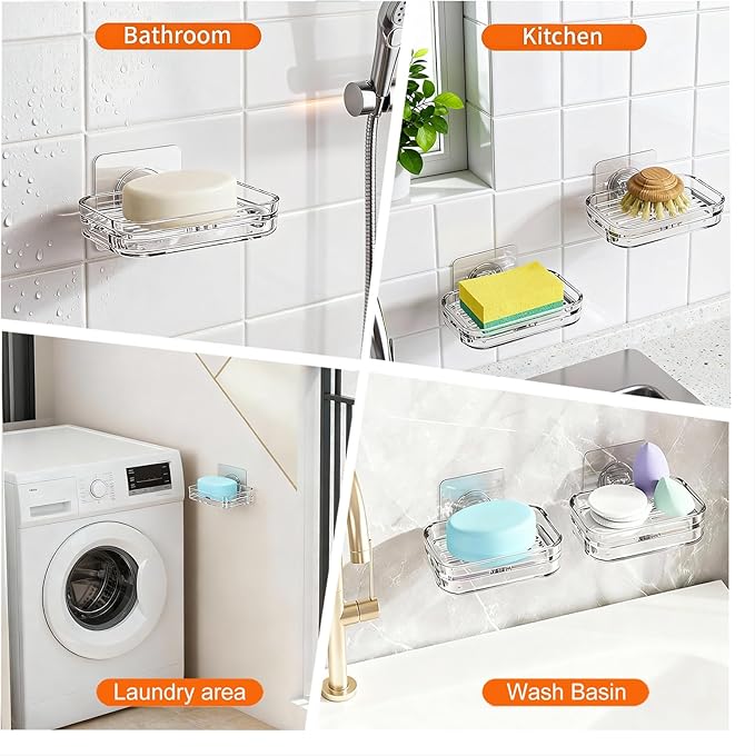 Soap Dish for Shower Clear Soap Holder Pull-Out Water Tray No Drilling Required Strong Fixation for Rv Bathroom and Kitchen Easy（1 Pack）