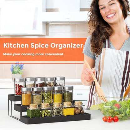 Expandable Spice Rack Organizer - 3 Tier Adjustable Spice Organizer for Cabinet & Countertop - Easy Visibility - Black