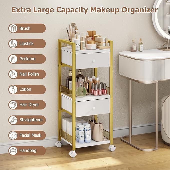 Flycity Makeup Organizer Cart with Drawers, 5 Tiers Rolling Makeup Cart, Floor Skincare Organizers, Vanity Organizer Storage with Wheels Cosmetic Display Cases for Skin Care Perfume Nail Polish, Gold