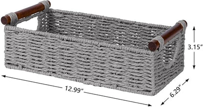 CubesLand Small Wicker Toilet Basket Tray Organizer W/Cut Out Handle, Handwoven Slim Decorative Basket for Countertop, Shelves And for Rustic Home Decor, Living Room, Nursery Organization, Grey