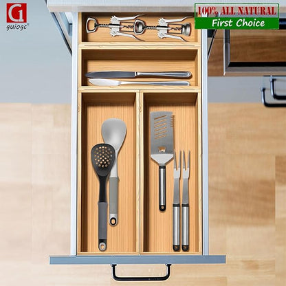guiogc Bamboo Drawer Silverware Organizer, Flatware Organizer, Bamboo Storage Box for Office, Bathroom and other objects storage (large14.2 x5 x2 Small 9.85"x3.55"x1.78"- Set of 4)