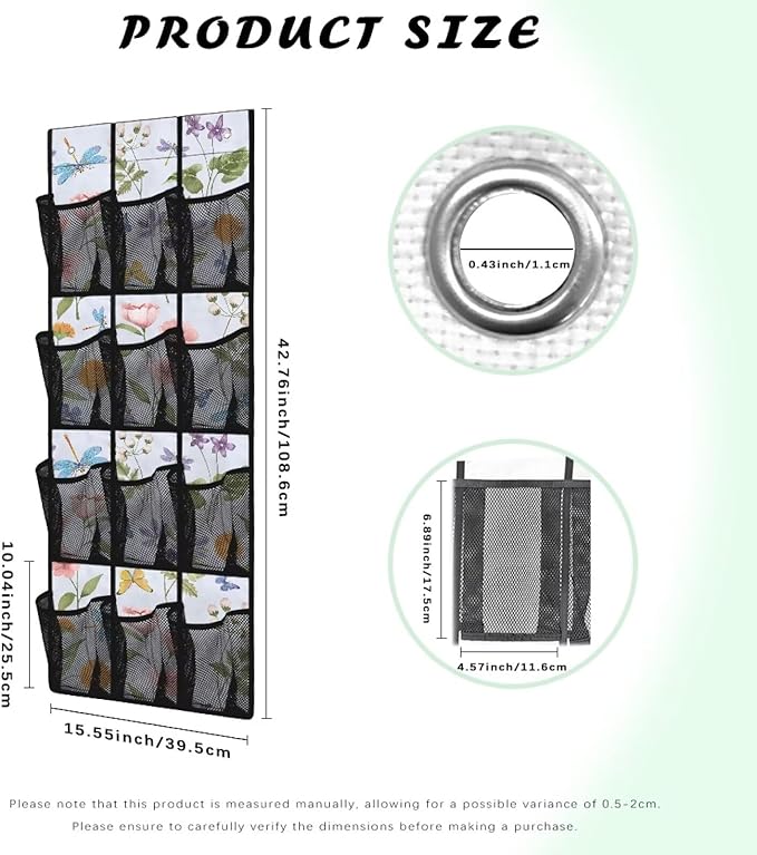 Dragonfly Floral Over The Door Organizer,Hanging Baskets with 12 Mesh Large Pockets,Door Back Shoe Organizers with 12 Mesh Pockets Baby Organizer Storage,Quick Dry Organizer Hanging