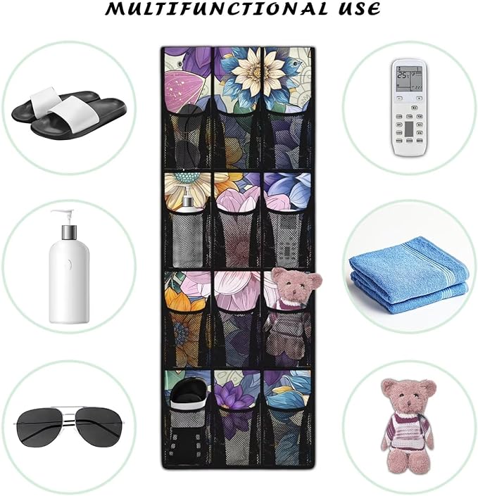 Door Storage Organizer, Blooming Flowers Lightweight Over the Door Shoe Organizer with 12 Large Mesh Pockets No Drill Easy to Install Hanging Rack for Shoes and Accessories