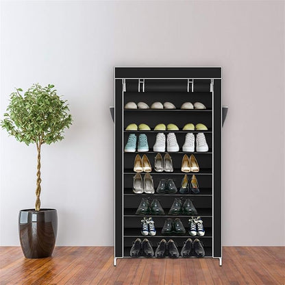 10 Tier Shoe Rack with Dustproof Cover Shoe Shelf Storage Organizer, Widen Shoe Storage Shelf for 40-45 Pairs of Shoes (Black)