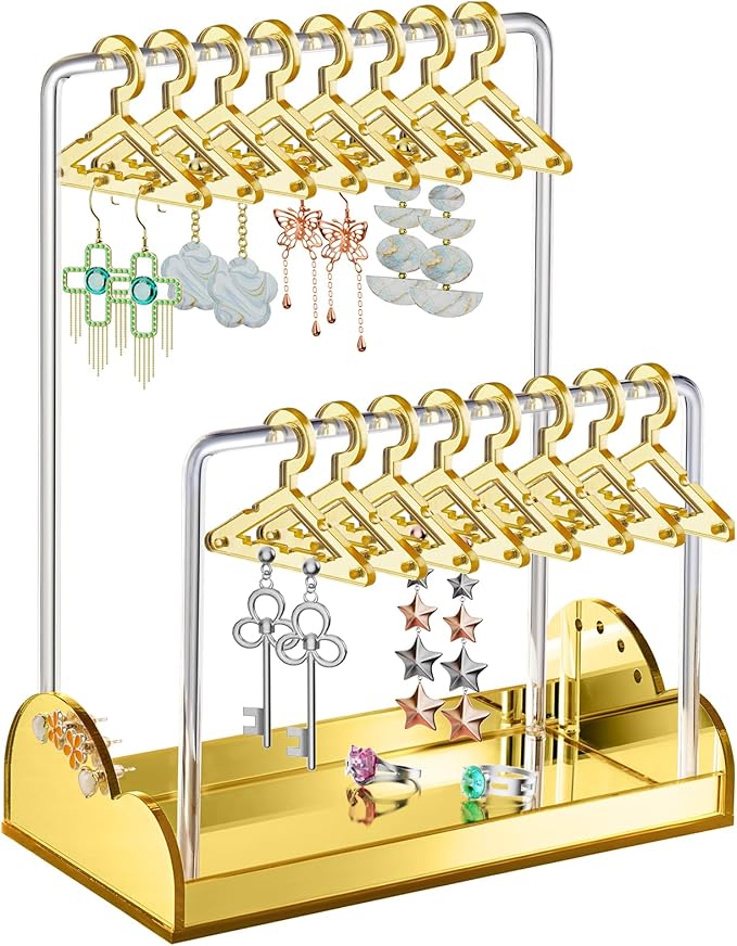 NiHome Acrylic Earring Holder with Unique Double-Tiered Design, Cute Miniature Clothing Hangers with Spacious Storage for 48 Pairs, Display for Home Vanity & Retail Showrooms(Gold, With Tray)