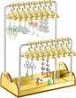 NiHome Acrylic Earring Holder with Unique Double-Tiered Design, Cute Miniature Clothing Hangers with Spacious Storage for 48 Pairs, Display for Home Vanity & Retail Showrooms(Gold, With Tray)