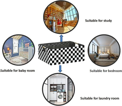 Checkered Storage Basket Foldable Nursey Box | 16.9" Storage Cube for Women Closet Organizer Boys Car Toys Bins with Handles | Sturdy Cardboard & Washable Fabric 2Pack