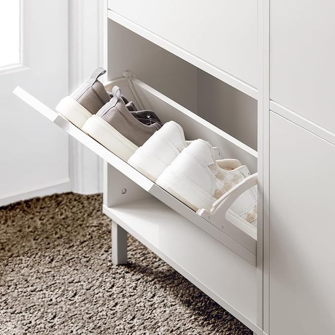 SoBuy Slim Shoe Cabinet Entryway, Narrow Shoe Rack with 2 Flip-Drawers, White Shoe Organiazer Hallway, Hidden Shoe Storage Cupboard Entrance, FSR151-W