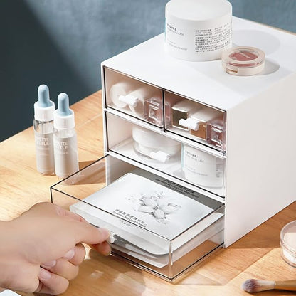 Marknor Makeup Organizer, Desk Organizer with 4 Drawers, Sundries Storage，Vanity Organizer, Cosmetic Storage Organizer, Desk Storage Box, Bathroom Counter or Dresser, White QBH-4CT-1