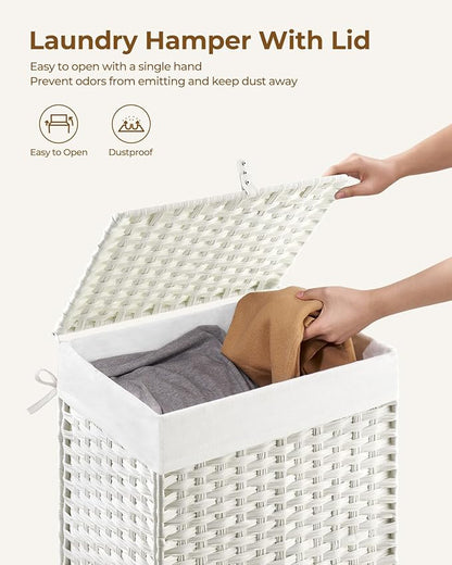 Greenstell Laundry Hamper with Lid, 90L Clothes Hamper with 2 Removable Liner Bags & 2 Mesh Laundry Bags, Handwoven Synthetic Rattan Laundry Basket for Clothes, Toys in Bathroom, Bedroom White
