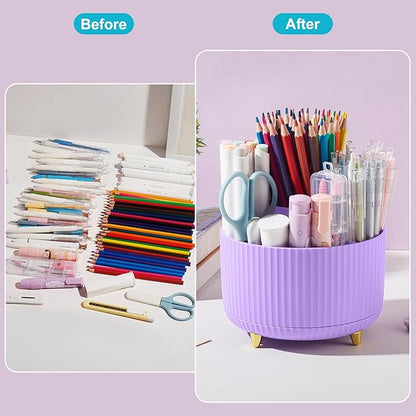 360 Rotating Plastic Desk Pen Organizer with 5 Slots, Dual-Purpose Art Supply Pencil Cup for Office, School, Home Light Purple