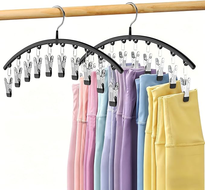 Volnamal Legging Organizer for Closet, 2 Pack Metal Yoga Pants Hangers w/10 Clips Holds 20 Leggings, Space Saving Hanging Closet Organizer w/Rubber Coated Closet Organizers and Storage, Black