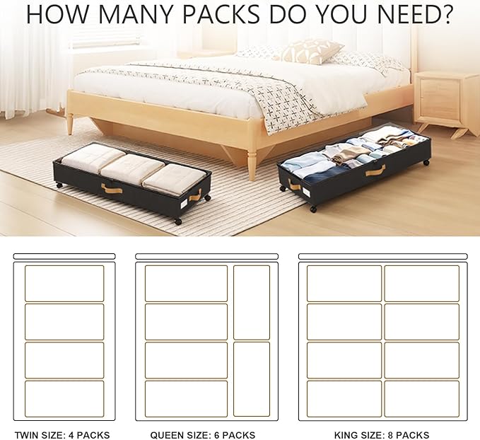Under Bed Storage with Wheels 2-Pack, 75L XXL Under the Bed Storage Containers Large, 12" Tall Adjustable Storage for Underbed with Lids, Rolling for Clothes, Shoes, Blankets (Black)