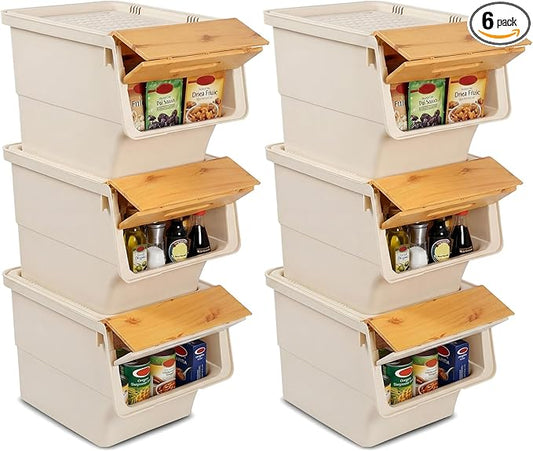 Giantex Plastic Stackable Storage Bins with Lids & Wheels, 6 Pack Open Front Stacking Bins, Organizer Bins for Pantry, Kitchen, Laundry, Closet, Playroom, Bedroom Organization (35 QT)