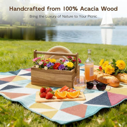 Acacia Paper Plate Dispenser, Paper Plate Holders with Handle, Picnic Silverware Caddy for Party, Cutlery Holder for Countertop, Wood Utensil Organizer for Home Kitchen & RV