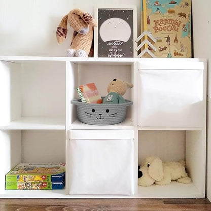 Small Cat Toy Basket, 10”x10”x4” Gray Cotton Rope Storage Bin with Handles, Woven Cat Organizer Box for Indoor Pets, Cute Kitty Easter Basket Gifts Empty, Living Room Nursery Decor