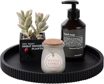 Silicone Bathroom Tray Round Kitchen Counter Organizer Decorative Vanity Accessories Coffee Table Decor for Perfume, Candle, Soap Dish, 10 Inch, Black