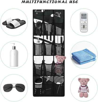 12-Pocket Over the Door Hanging Storage Organizer,Space-Saving Hanging Rack for Shoes, Toys, Spices, Non-Woven Fabric with PVC Windows,Music Note