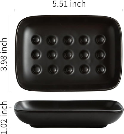 Miamolo Soap Dish, Ceramic Soap Holder Shower Soap Dish for Bar Soap Sponge, Soap Saver Tray for Bathroom Kitchen Sink, Black (Pack of 2)