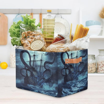 AUUXVA Storage Basket Ocean Kraken Nautical Pirate Ship Animal Octopus Storage Cube Box Durable Canvas Collapsible Toy Basket Organizer Bin with Handles for Shelf Closet Bedroom Home Office