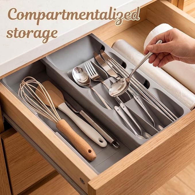 Expandable Silverware Drawer Organizer Tray, Adjustable Utensil Holder for Kitchen Drawers, BPA-Free Plastic Cutlery and Flatware Storage Divider