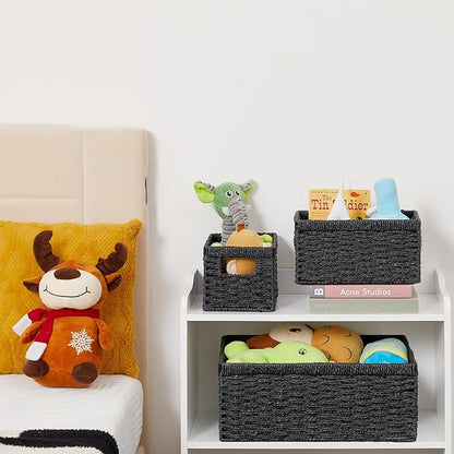 Vagusicc Wicker Storage Basket, Set of 3 Wicker Basket, Hand-Woven Paper Rope Storage Baskets for Organizing, Large Cube Storage Organizer Bins Baskets for Shelves Small Toilet Paper Baskets, Black