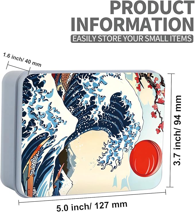Metal Tin Box Sturdy Metal Storage Box with Lid, Large Container Holder for TCG Cards,Car Keys,Cookies,Tin Containers for Gift,5.0x3.7x1.6 Inch,Exquisite Pattern Design(Waves Sun)