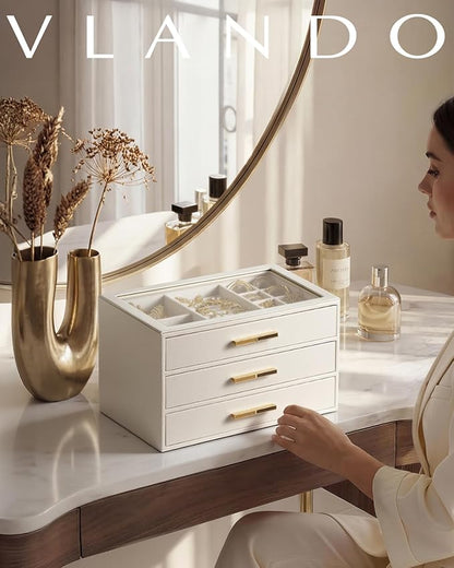 VLANDO Jewelry Box for Women, 3-Layer Jewelry Organizer with Drawers, Glass Lid Display Jewelry Storage, Soft PU Leather Exterior, Contrast Gold Metal Handles, Refined Style - Beige