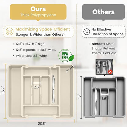Caperci Large Silverware Organizer for Kitchen Drawer & Utensils - Expandable Drawer Organizer for Cutlery, Flatware & Gadget, BPA-Free Thick Plastic, Wider Compartments & Non-skid Feet (Tofu)