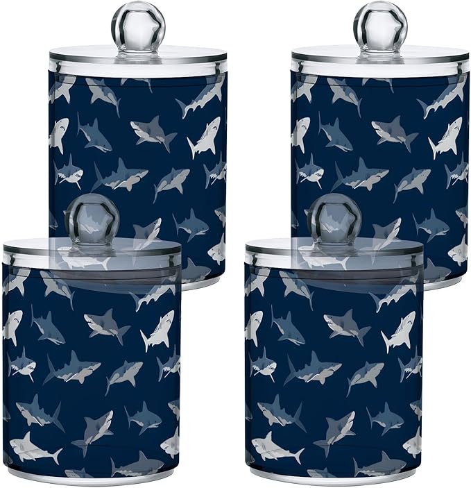 ALAZA 4pcs Dark Blue Shark Fish Qtip Holder Dispenser 14 oz Bathroom Storage Clear Apothecary Jars Containers Cotton Ball,Cotton Rounds,Floss Picks, Hair Clips, Food